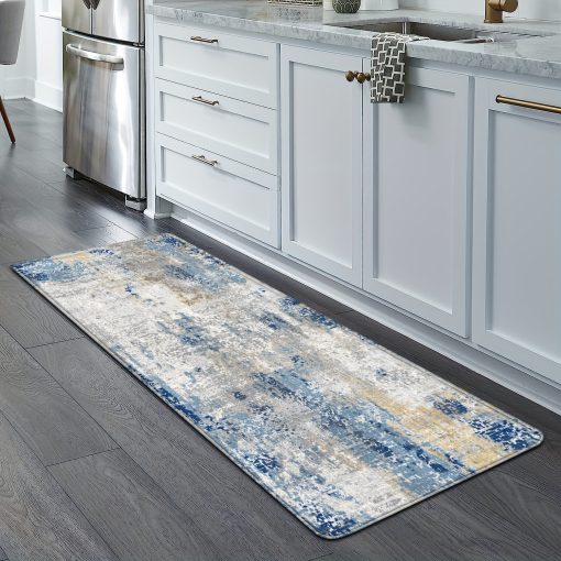 보헤미안 스타일 패턴 블루 부드러운 주방 매트 2개 세트, 흡수 및 미끄럼 방지, 미니멀리스트 스타일 1.2cm 두께의 스펀지 긴 바닥 매트, 거실/침실/욕실용 편안한 서서 사용