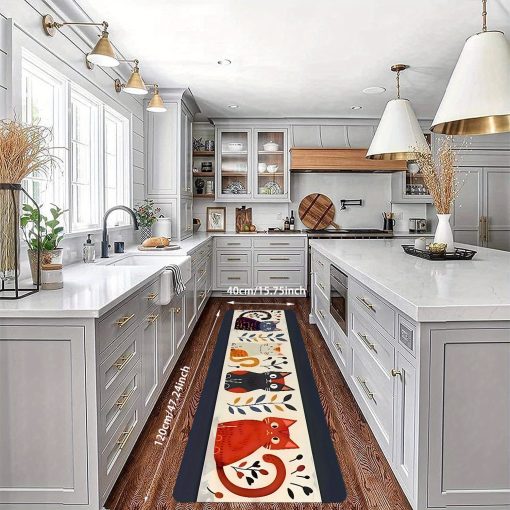 1개 주방 매트, 만화 고양이 요소 패턴 인쇄 매트, 미끄럼 방지 소프트 폴리에스터 매트, 침실/주방/복도/발코니/거실용, 실내외 출입구 장식